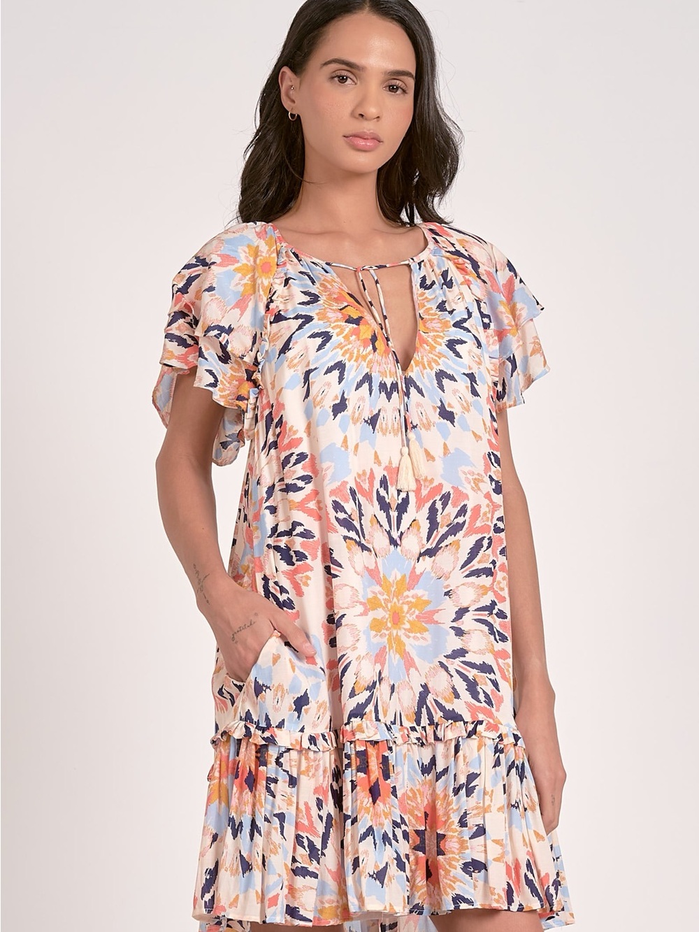 Elan Tunic Dress with Drop Waist and Pockets in Multi Kaleidoscope Size Large
